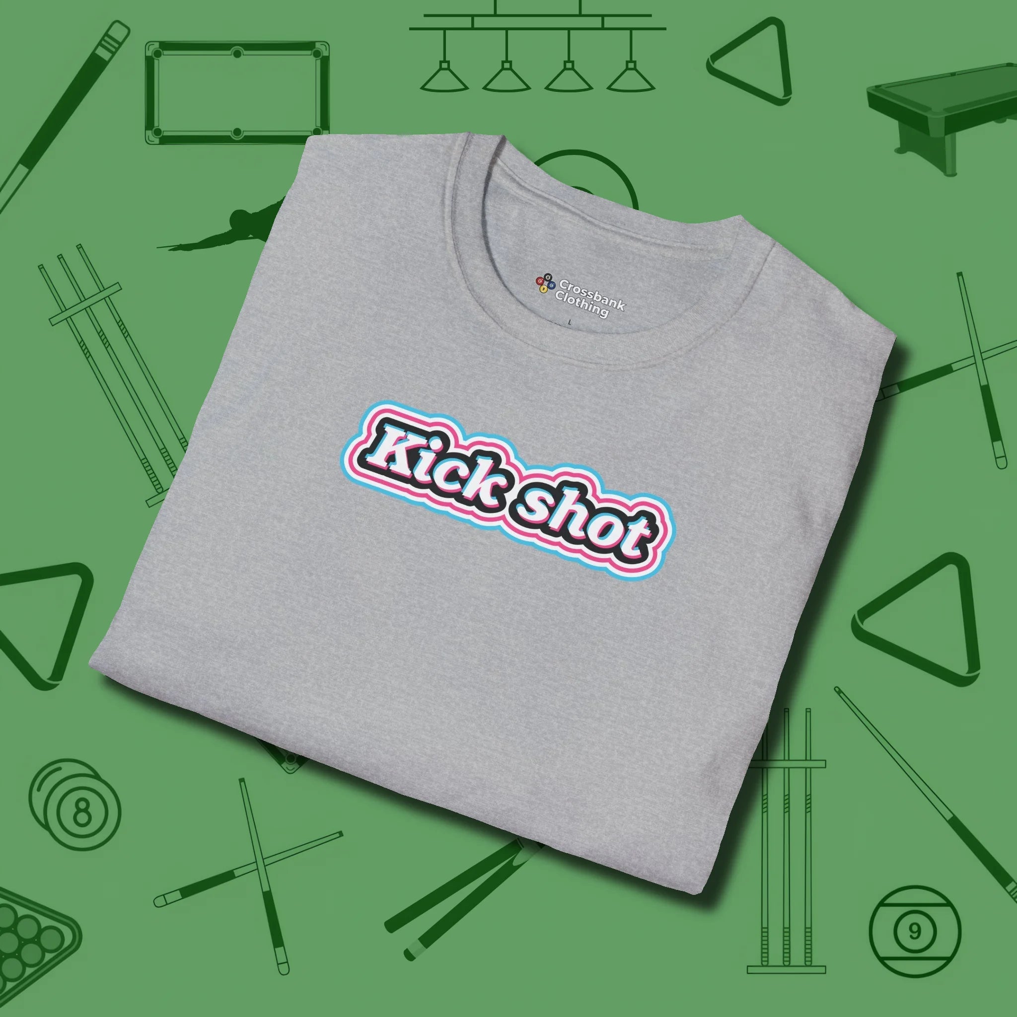 Kick Shot Billiards T-Shirt, folded view, in Sport Grey clean lines for dirty minds