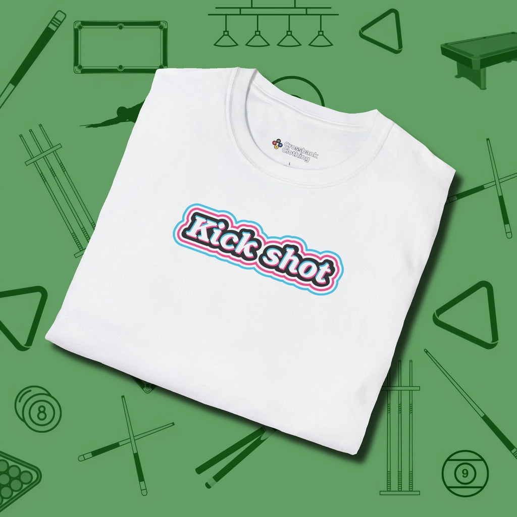 Kick Shot Billiards T-Shirt, folded view, in White confidence stitched in every seam