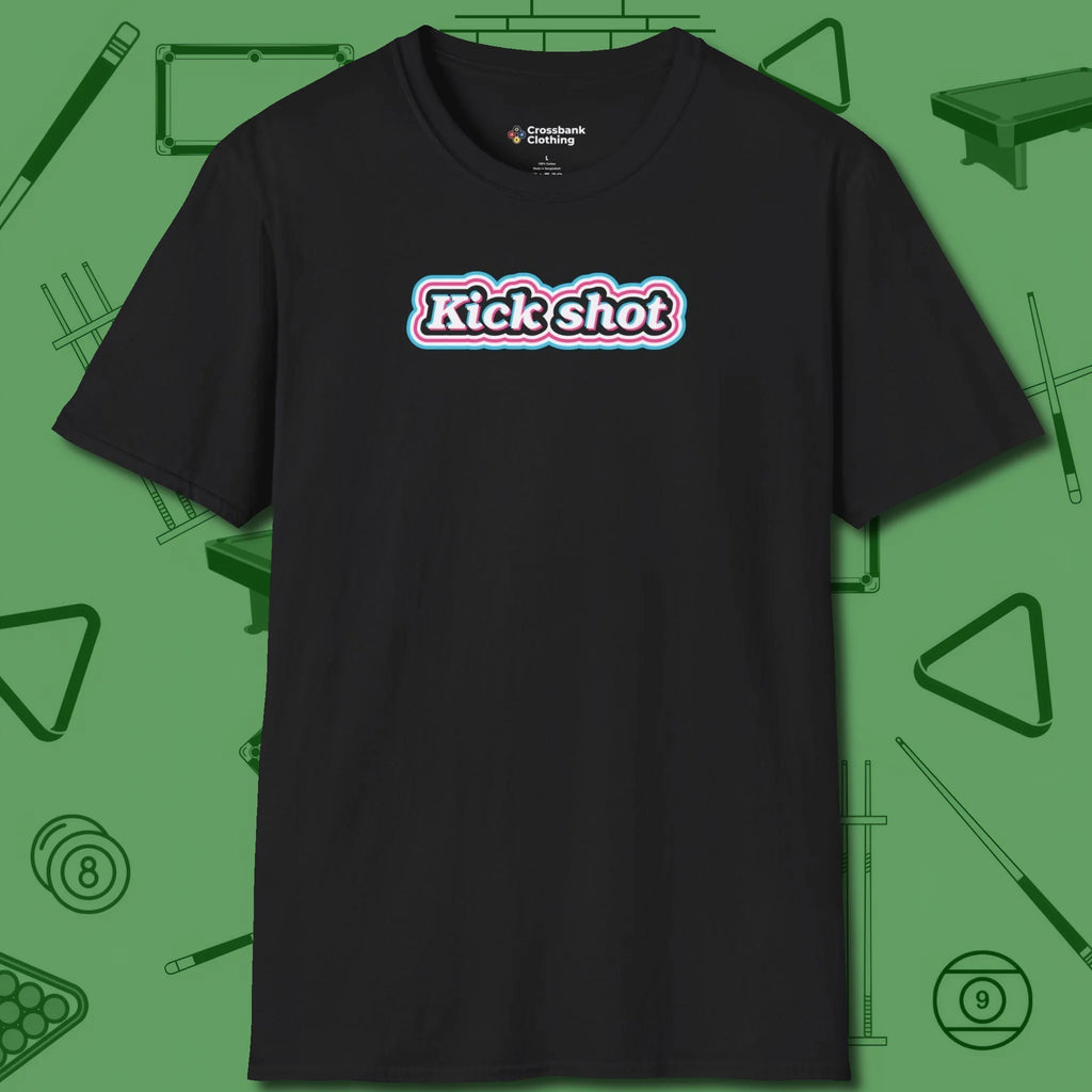 Kick Shot Billiards T-Shirt, front view, in Black what champions wear between racks