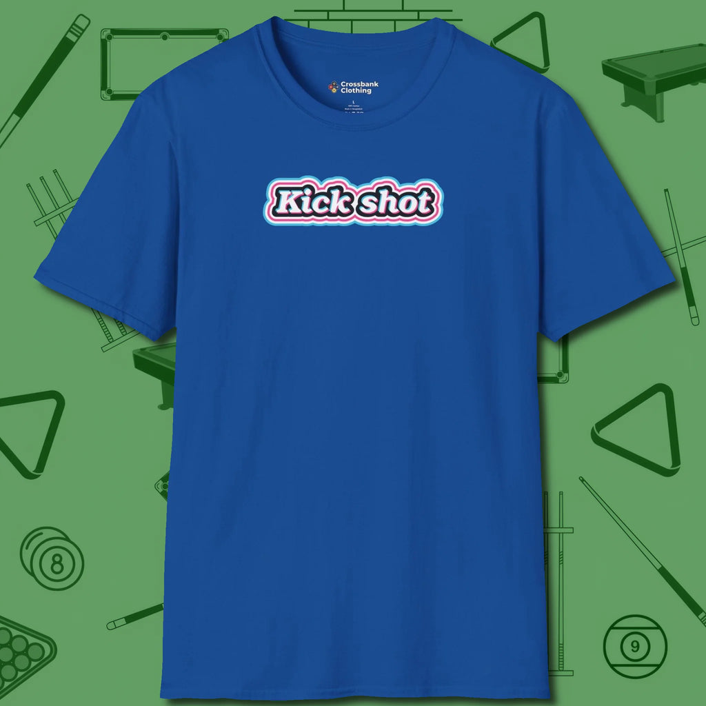 Kick Shot Billiards T-Shirt, front view, in Royal the shirt that plays position