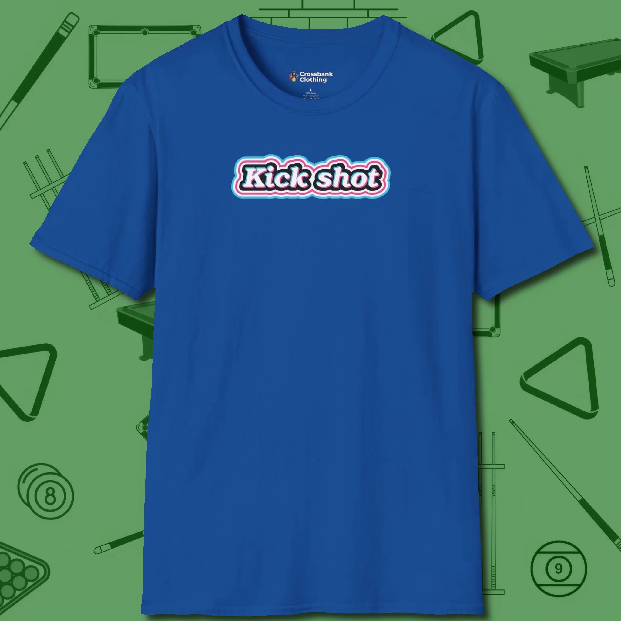 Kick Shot Billiards T-Shirt, front view, in Royal the shirt that plays position