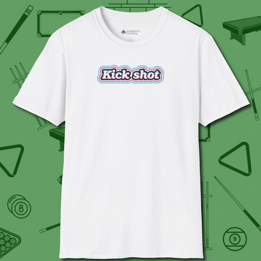 Kick Shot Billiards T-Shirt, front view, in White like your stroke — smooth and deliberate