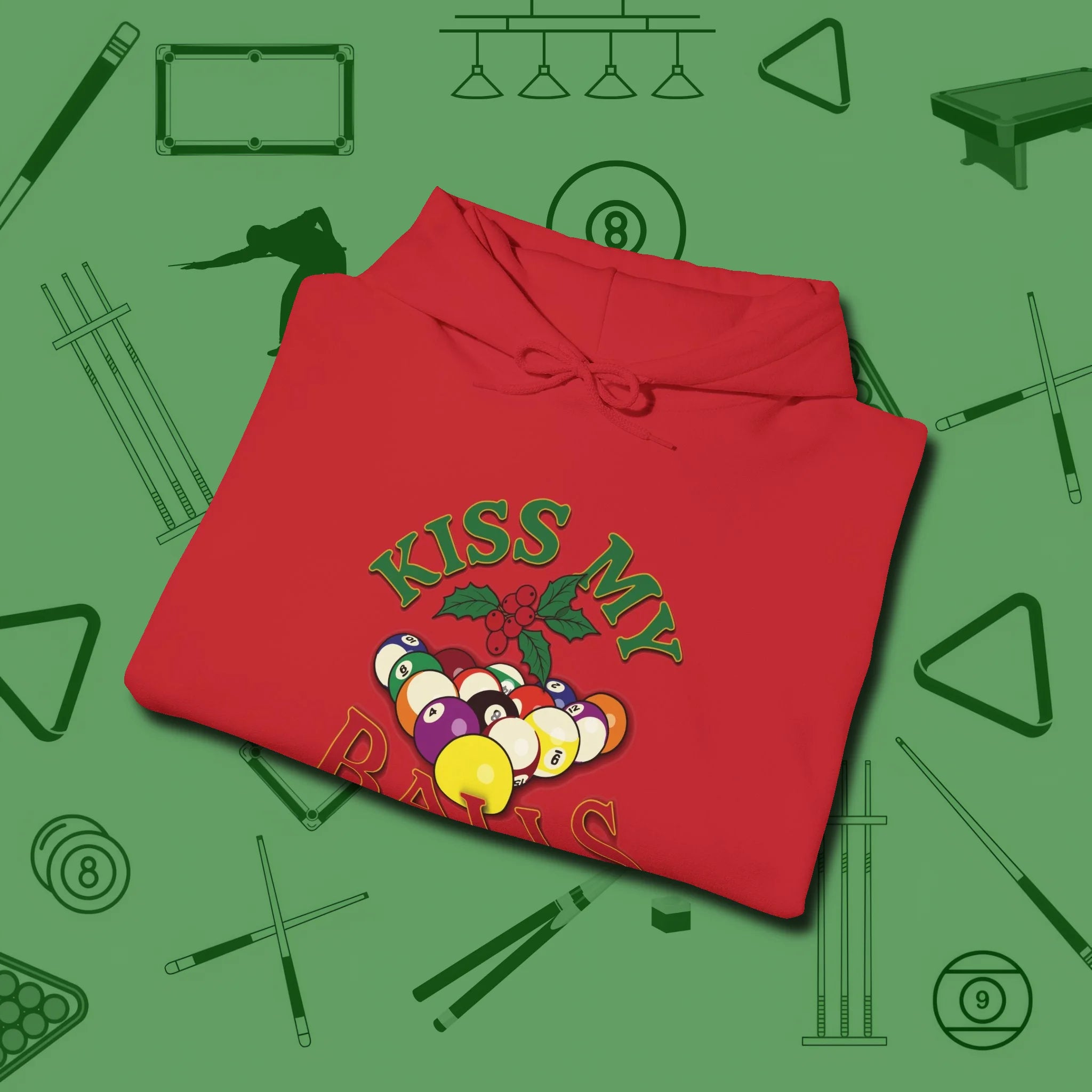 Kiss My Balls Holiday Hoodie, folded view, in Red an extension of your pool persona
