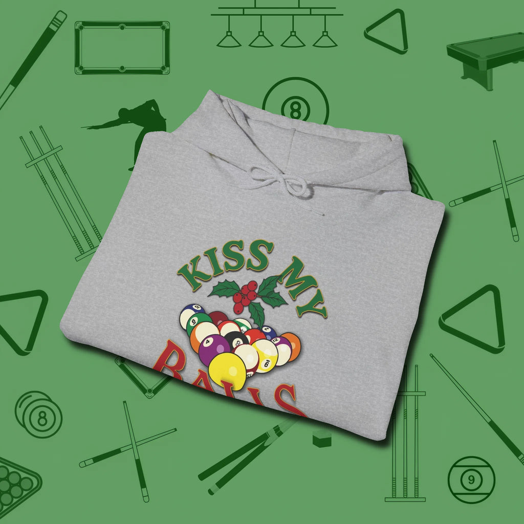Kiss My Balls Holiday Hoodie, folded view, in Sport Grey dress for the shot you want to take