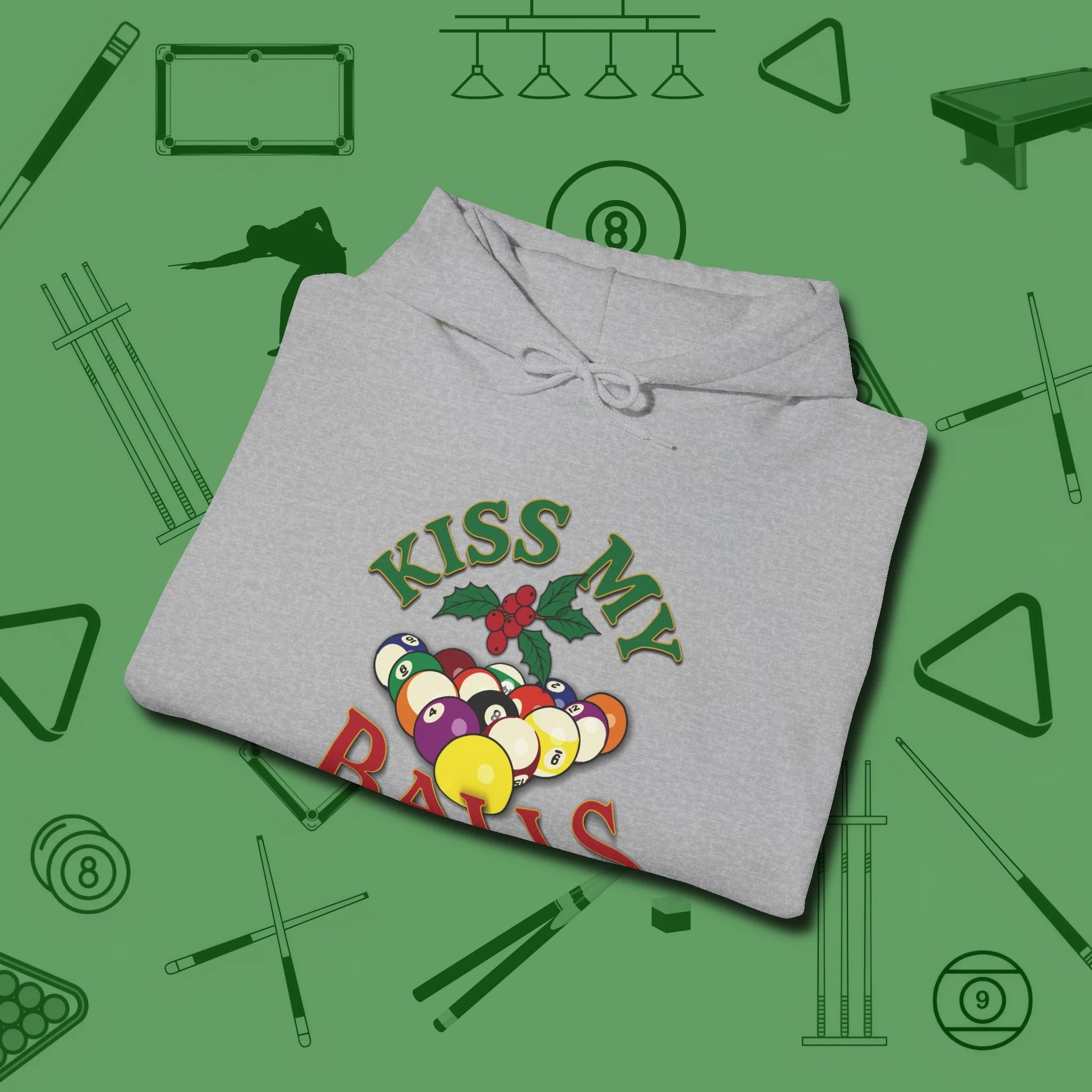 Kiss My Balls Holiday Hoodie, folded view, in Sport Grey dress for the shot you want to take