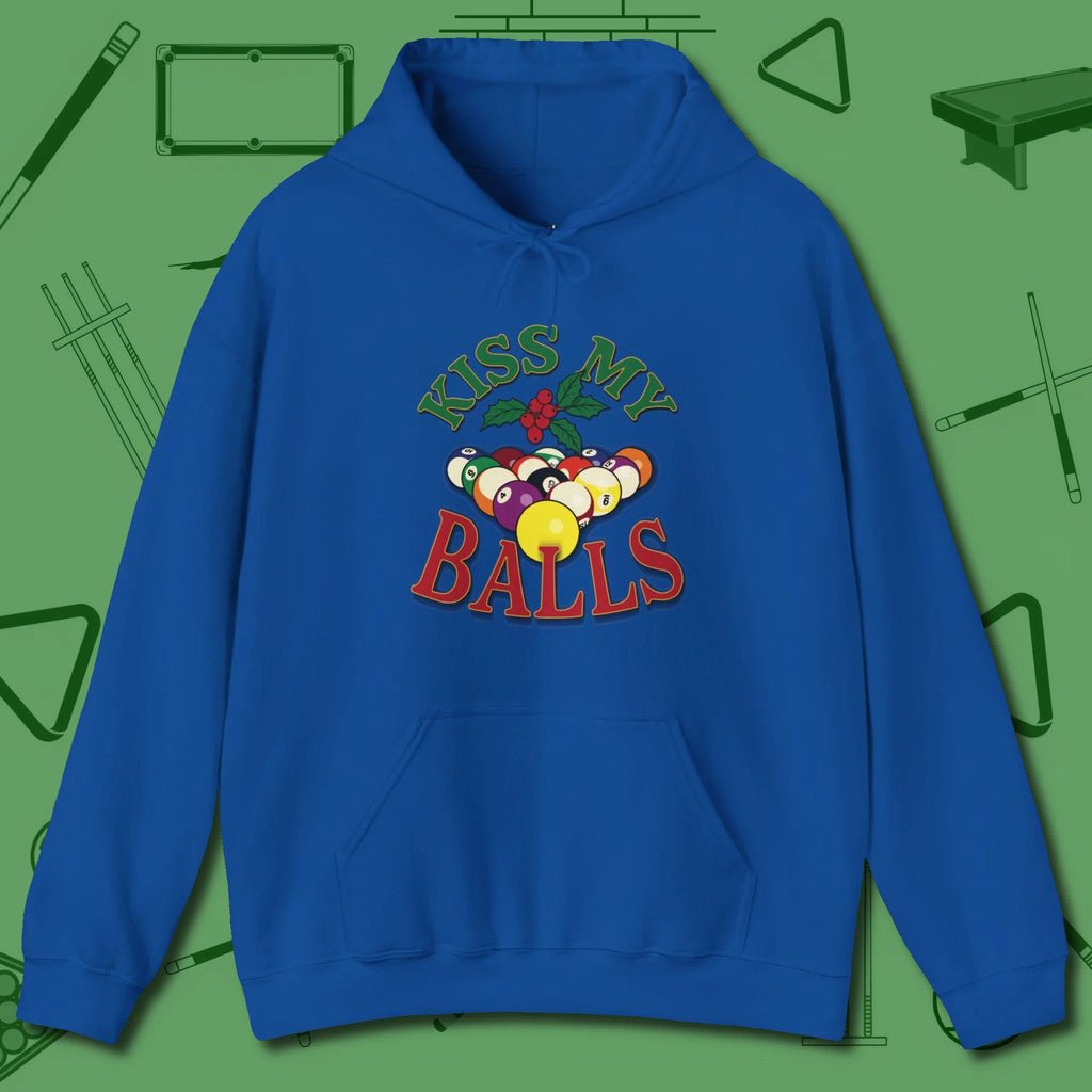 Kiss My Balls Holiday Hoodie, front view, in Royal put your best game on display