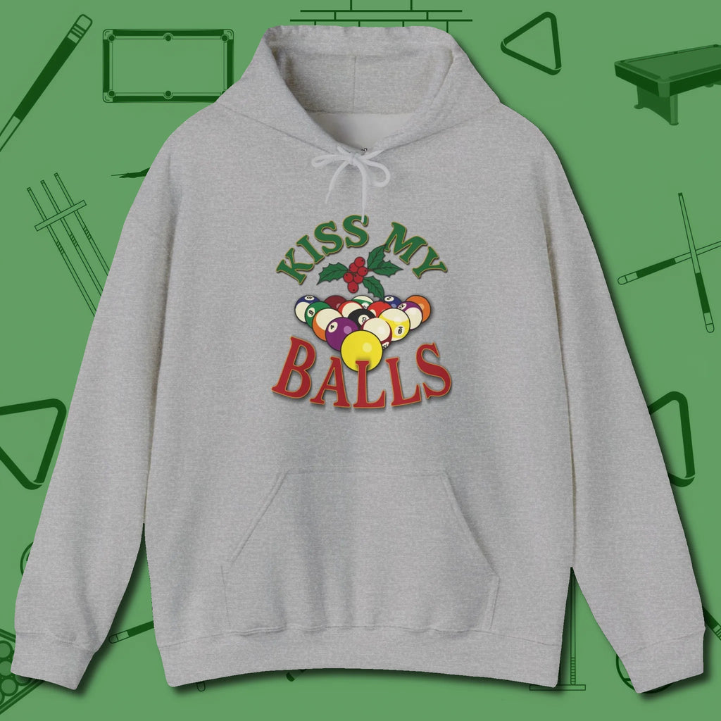 Kiss My Balls Holiday Hoodie, front view, in Sport Grey like your stroke — smooth and deliberate