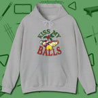 Kiss My Balls Holiday Hoodie, front view, in Sport Grey like your stroke — smooth and deliberate