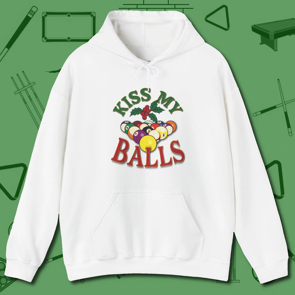 Kiss My Balls Holiday Hoodie, front view, in White designed for dead stroke and deadpan looks