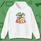 Kiss My Balls Holiday Hoodie, front view, in White designed for dead stroke and deadpan looks