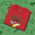 Kiss My Balls Holiday T-Shirt, folded view, in Red like your stroke — smooth and deliberate