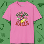 Kiss My Balls Holiday T-Shirt, front view, in Azalea stitched for cue discipline and cool confidence