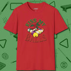 Kiss My Balls Holiday T-Shirt, front view, in Red put your best game on display