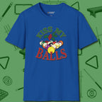 Kiss My Balls Holiday T-Shirt, front view, in Royal like your stroke — smooth and deliberate