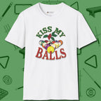 Kiss My Balls Holiday T-Shirt, front view, in White your secret weapon off the table