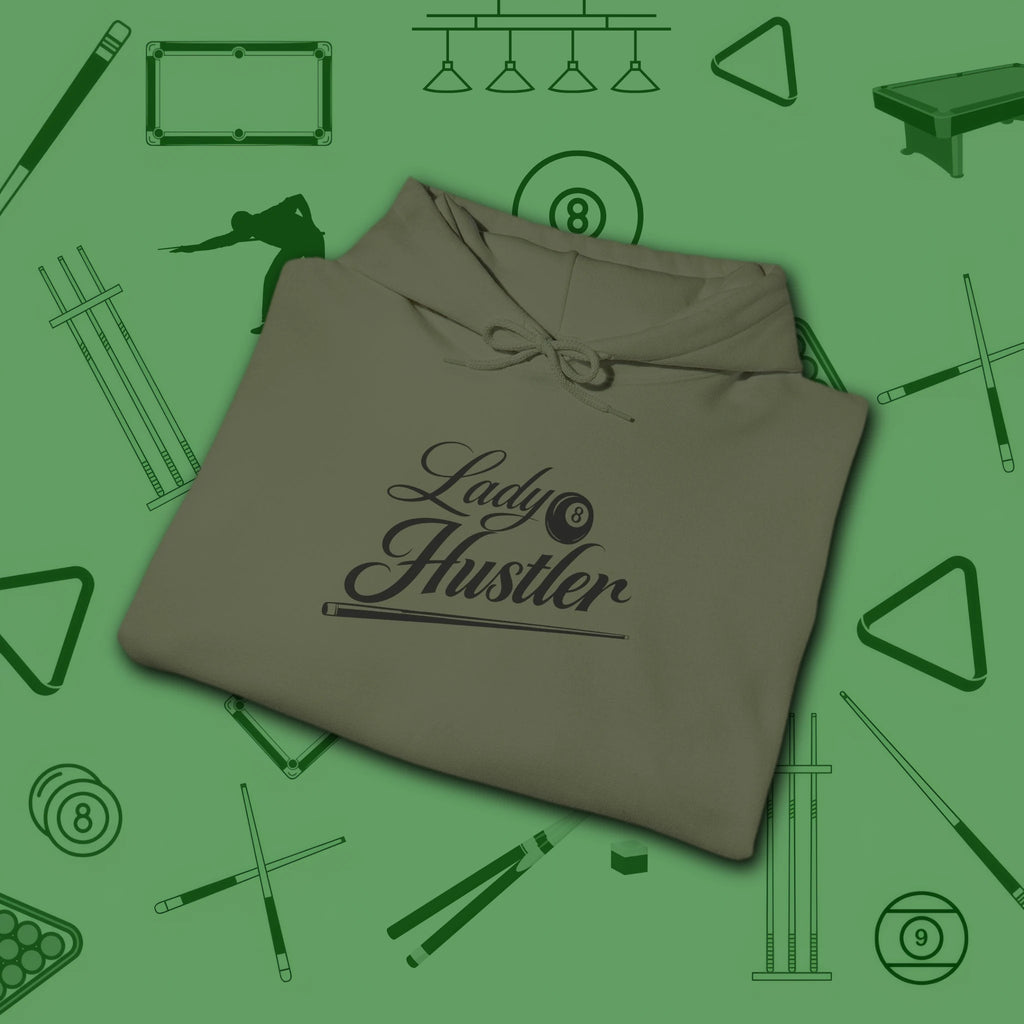 Lady Hustler Hoodie, in Military Green color, billiards hoodie, folded view