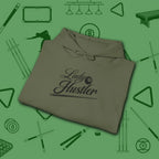 Lady Hustler Hoodie, in Military Green color, billiards hoodie, folded view
