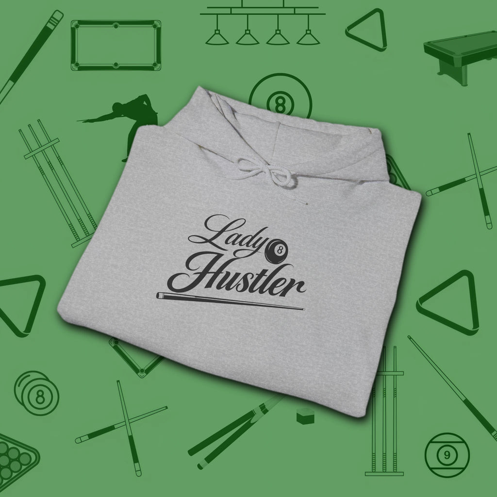 Lady Hustler Hoodie, in Sport Grey color, billiards hoodie, folded view