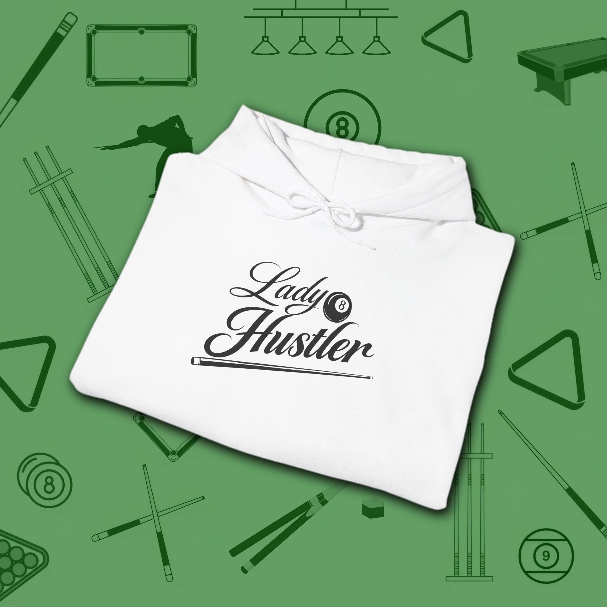 Lady Hustler Hoodie, in White color, billiards hoodie, folded view