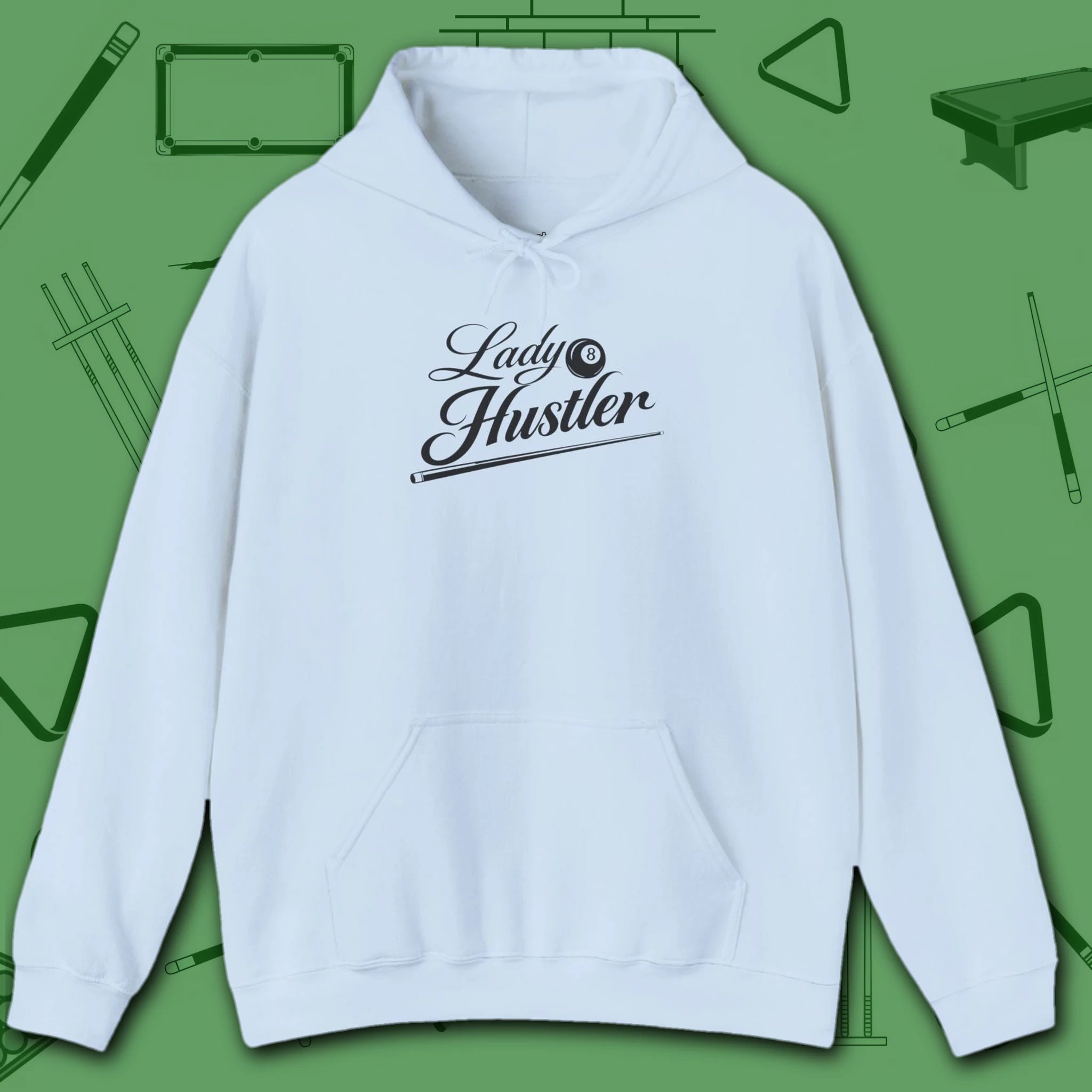 Lady Hustler Hoodie, in Light Blue color, billiards hoodie, front view