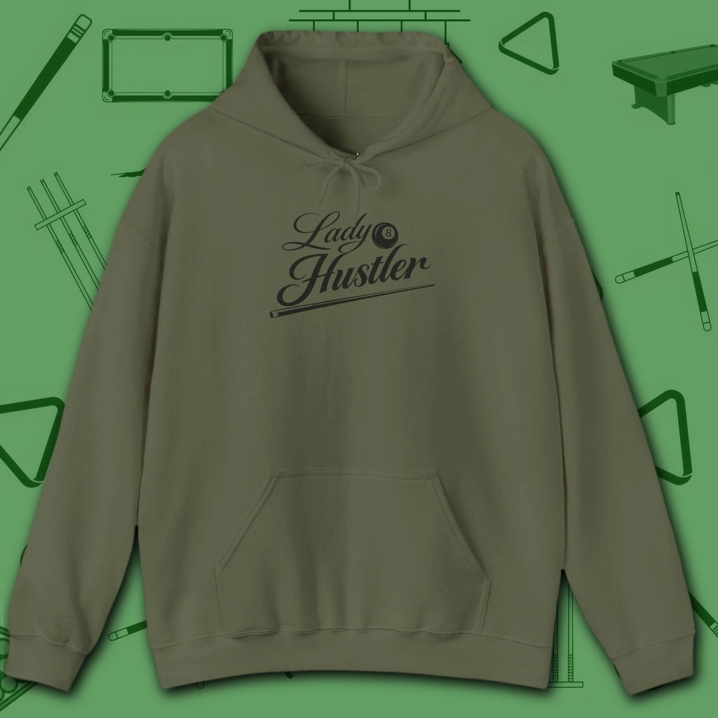 Lady Hustler Hoodie, in Military Green color, billiards hoodie, front view