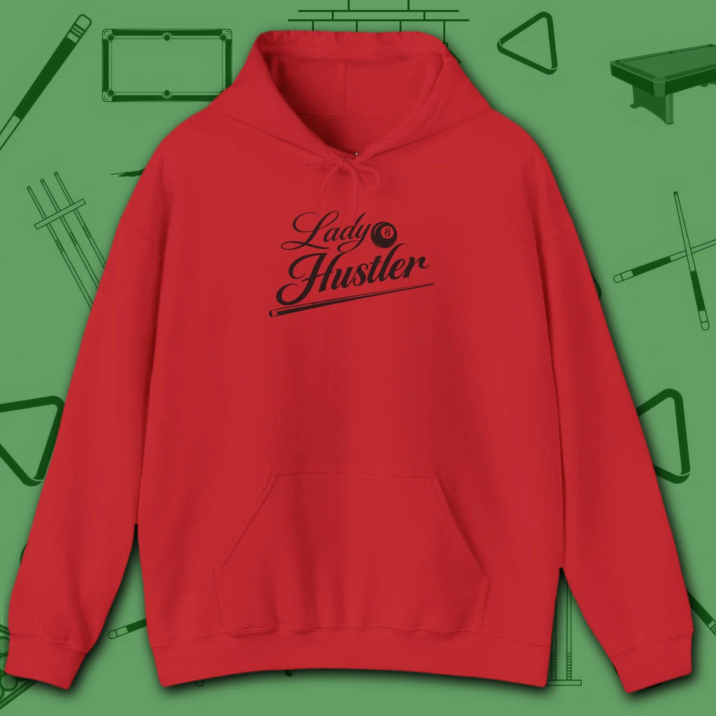 Lady Hustler Hoodie, in Red color, billiards hoodie, front view