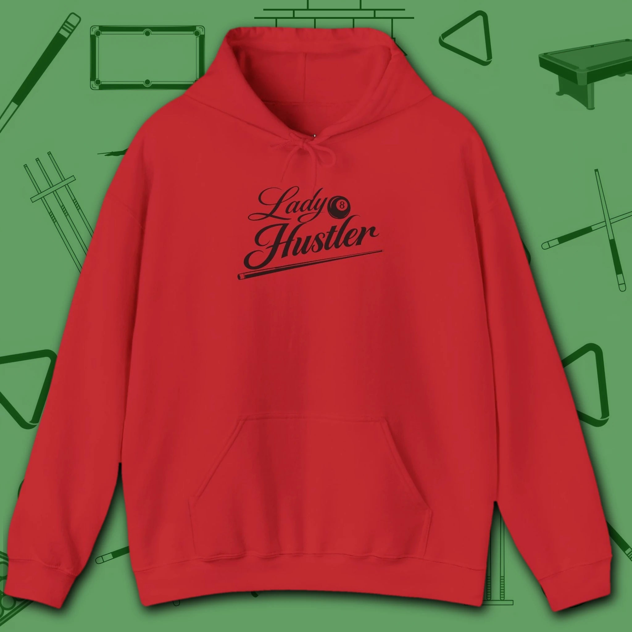 Lady Hustler Hoodie, in Red color, billiards hoodie, front view
