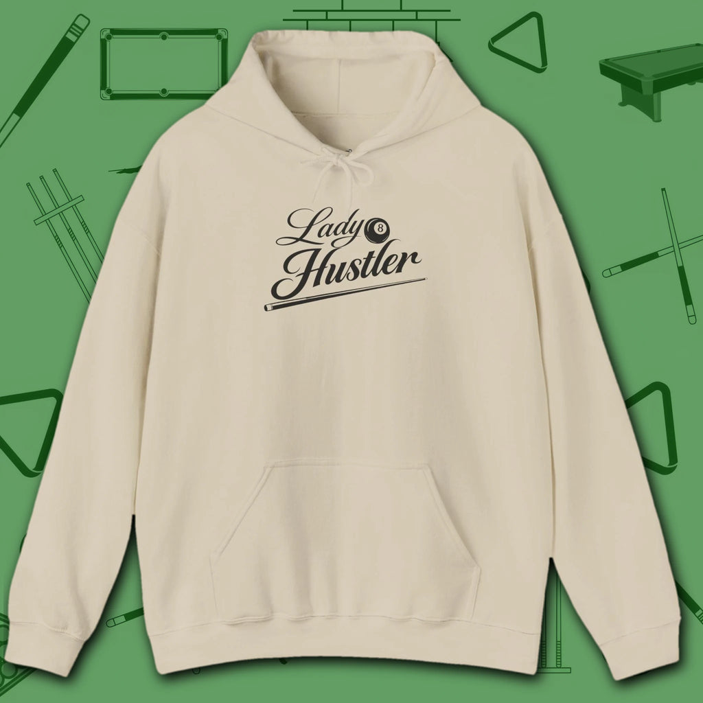 Lady Hustler Hoodie, in Sand color, billiards hoodie, front view