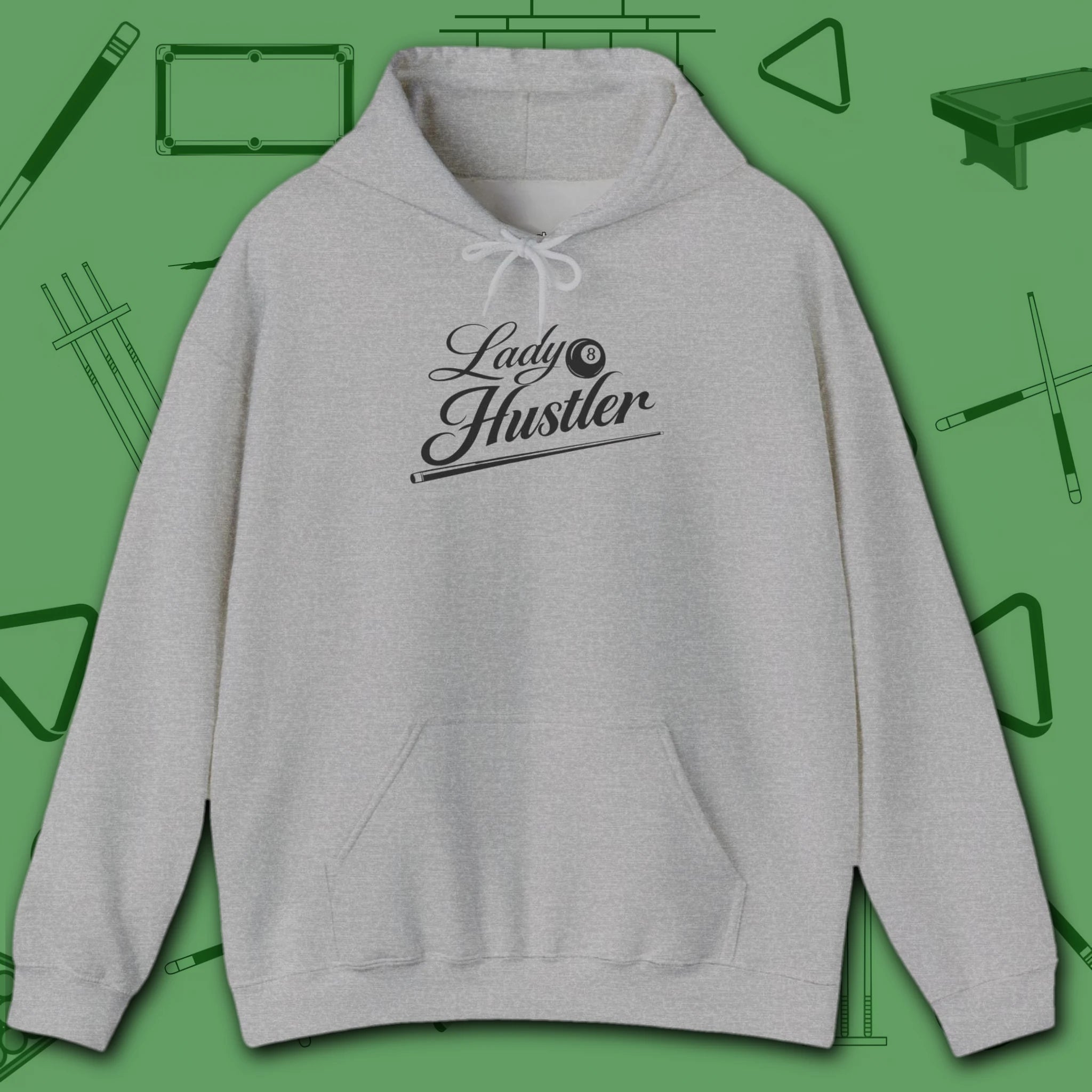 Lady Hustler Hoodie, in Sport Grey color, billiards hoodie, front view