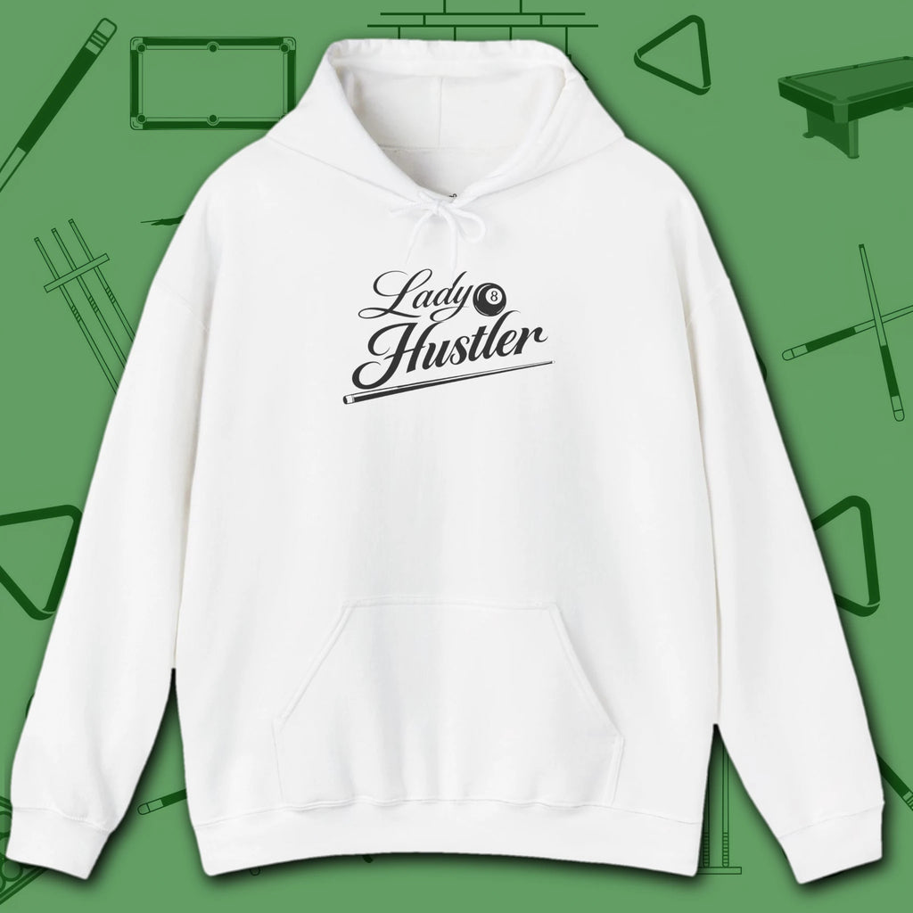 Lady Hustler Hoodie, in White color, billiards hoodie, front view