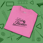 Lady Hustler T-Shirt, in Azalea color, billiards shirt, folded view