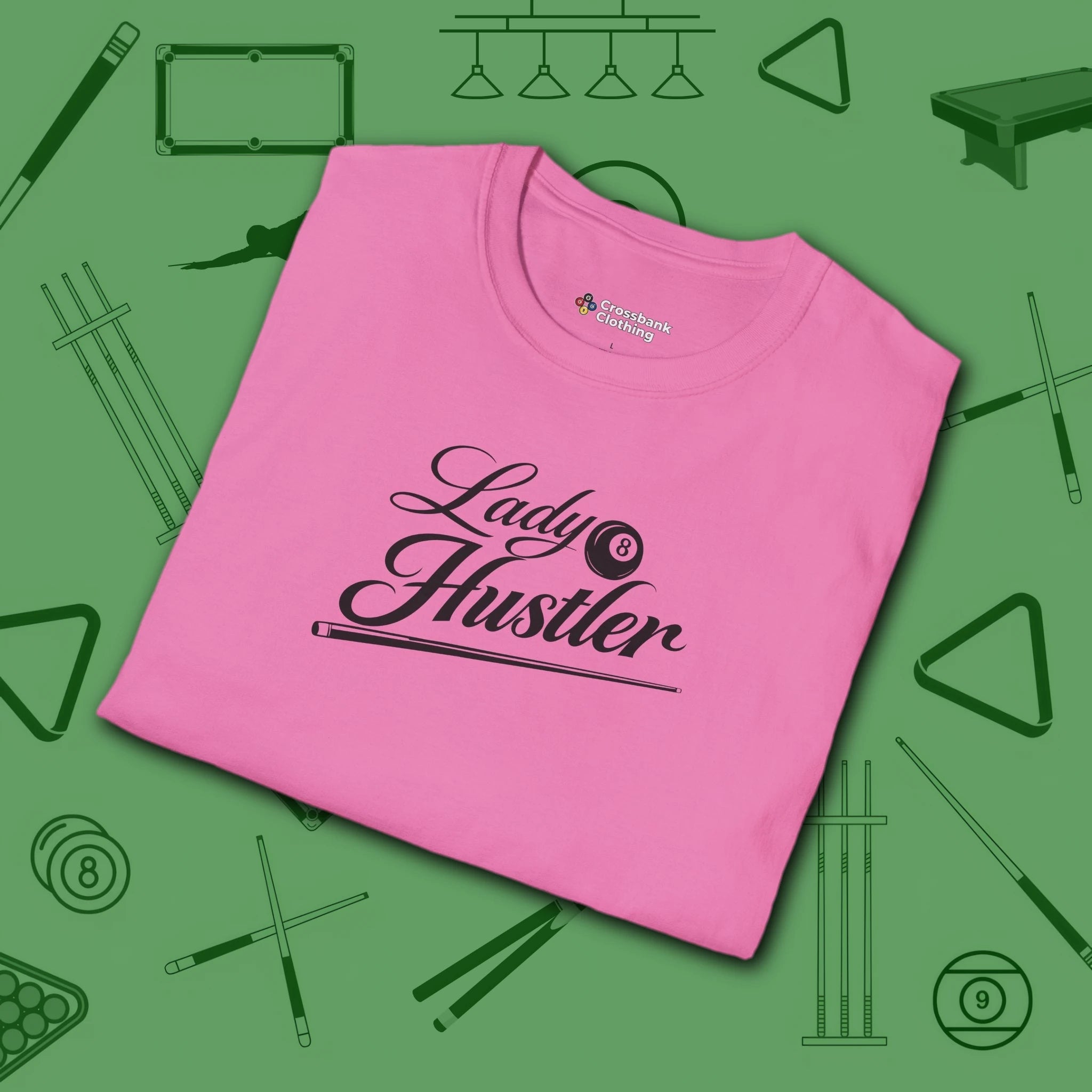 Lady Hustler T-Shirt, in Azalea color, billiards shirt, folded view