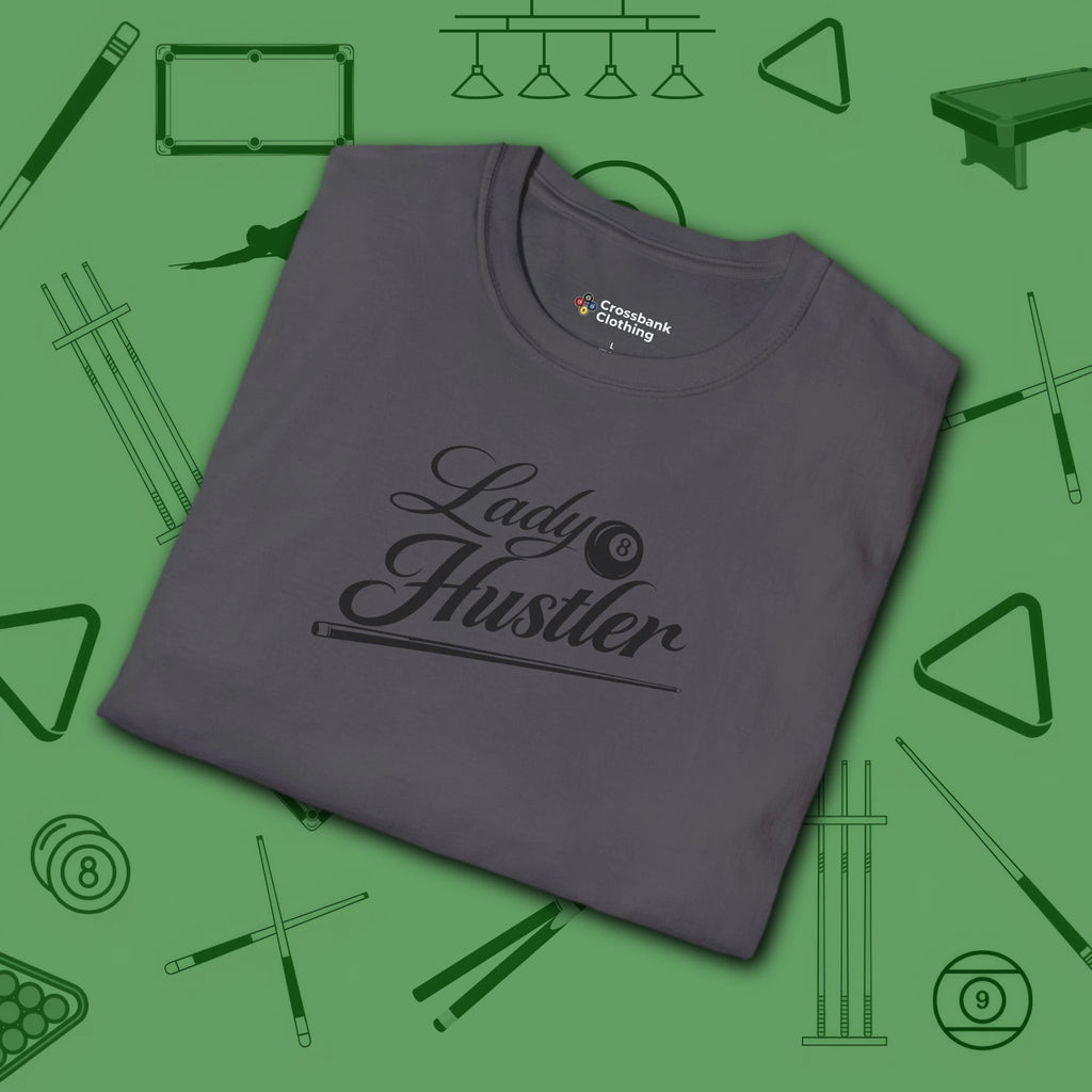 Lady Hustler T-Shirt, in Charcoal color, billiards shirt, folded view