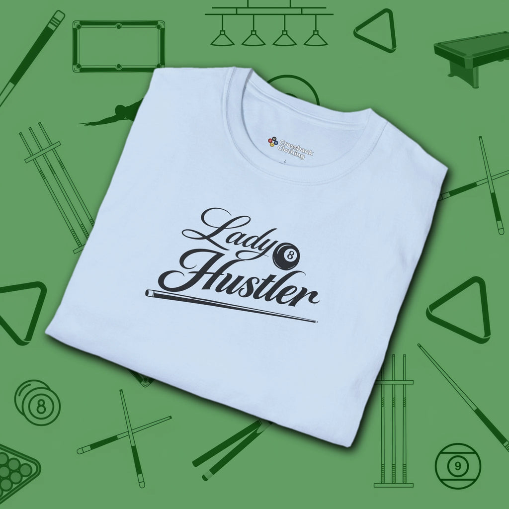 Lady Hustler T-Shirt, in Light Blue color, billiards shirt, folded view