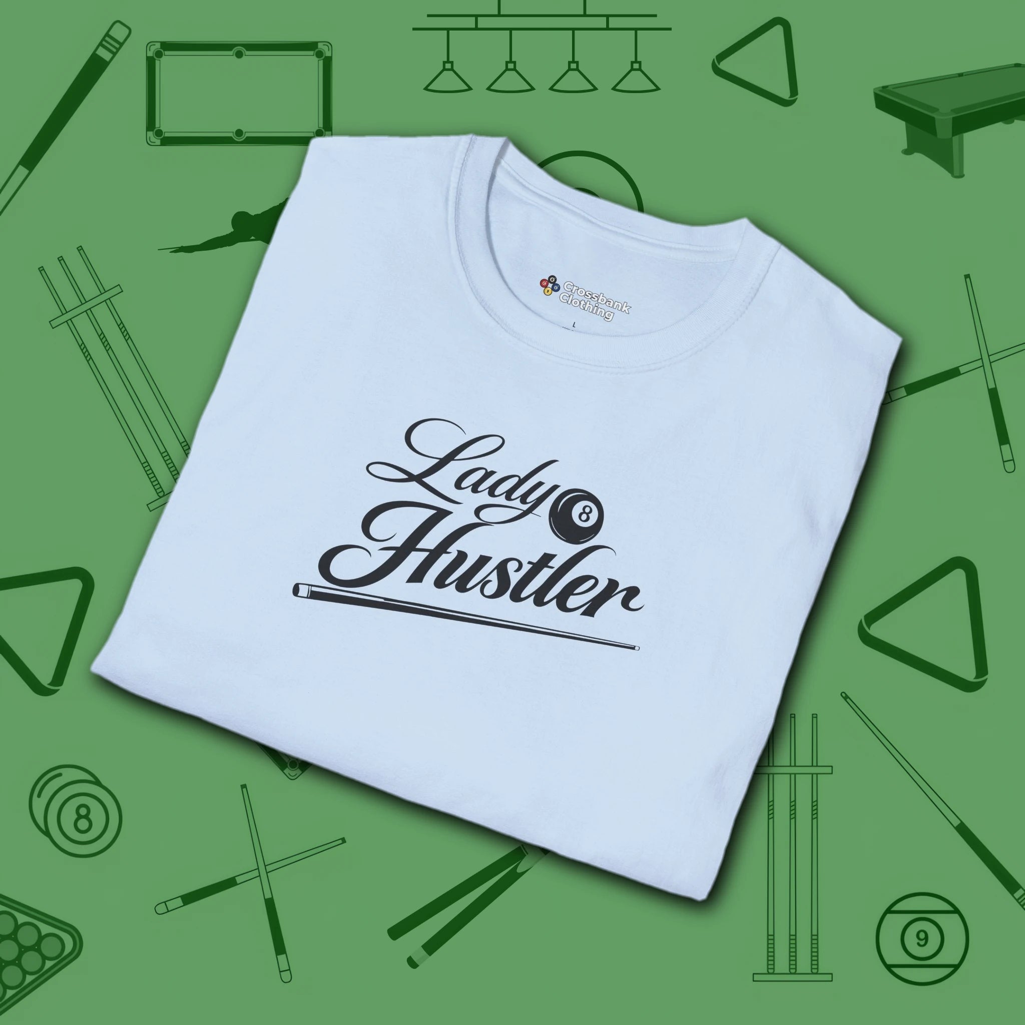 Lady Hustler T-Shirt, in Light Blue color, billiards shirt, folded view