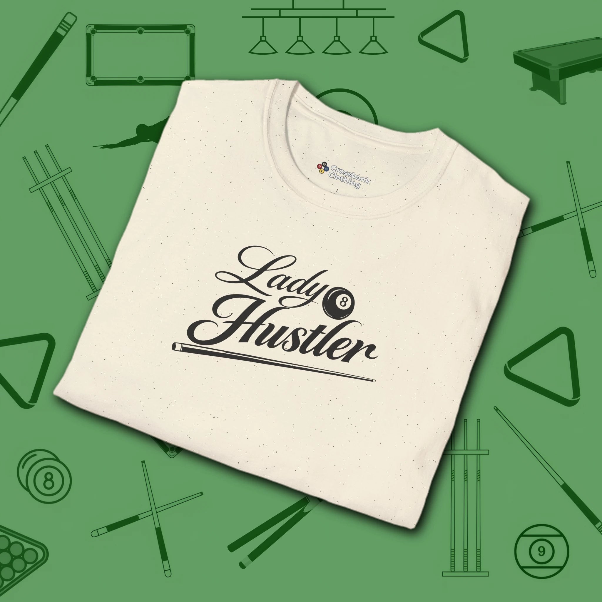 Lady Hustler T-Shirt, in Natural color, billiards shirt, folded view