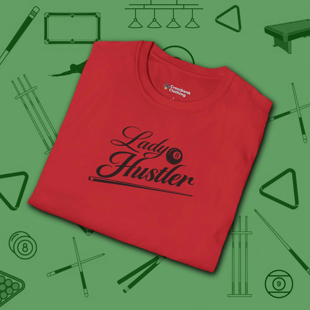 Lady Hustler T-Shirt, in Red color, billiards shirt, folded view