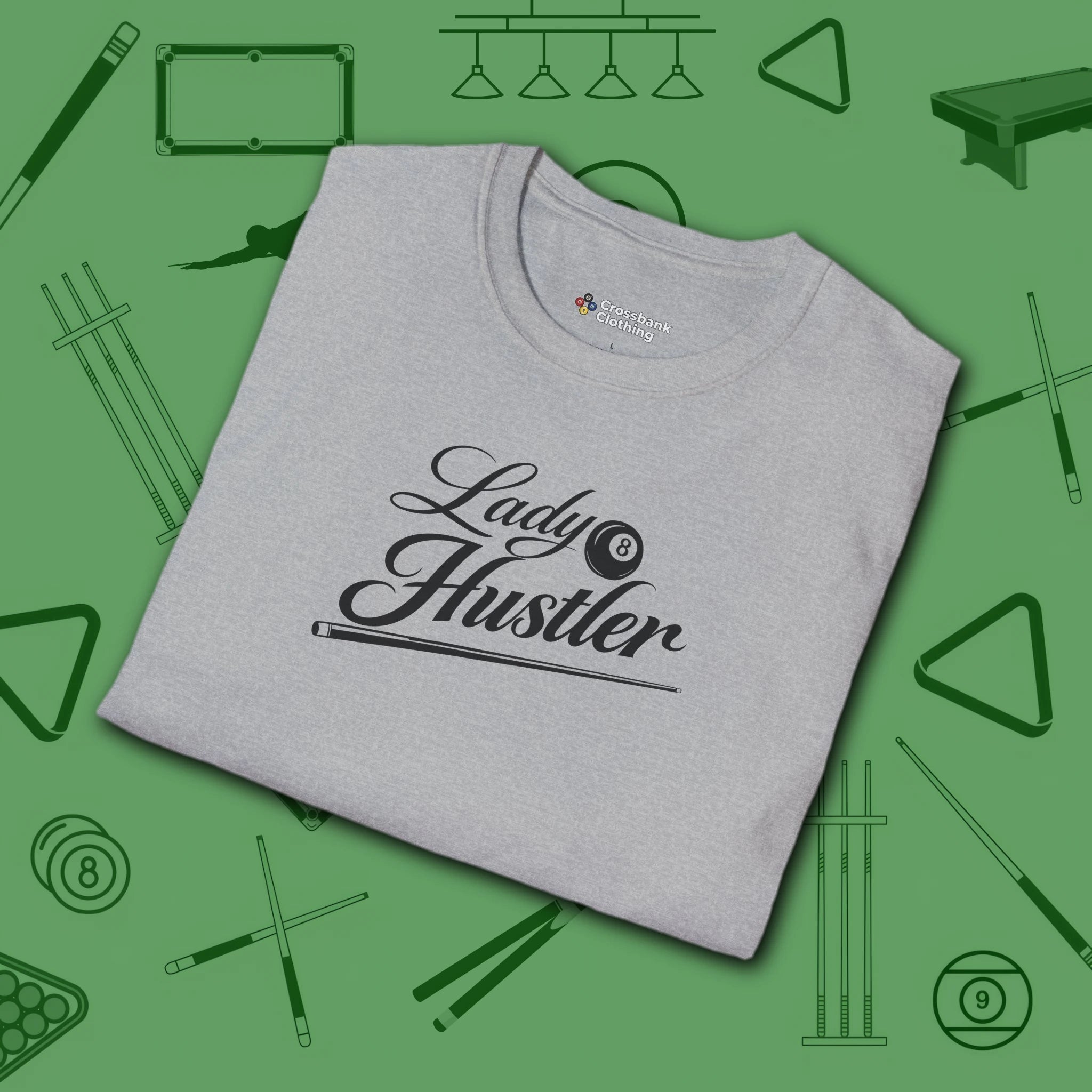 Lady Hustler T-Shirt, in Sport Grey color, billiards shirt, folded view