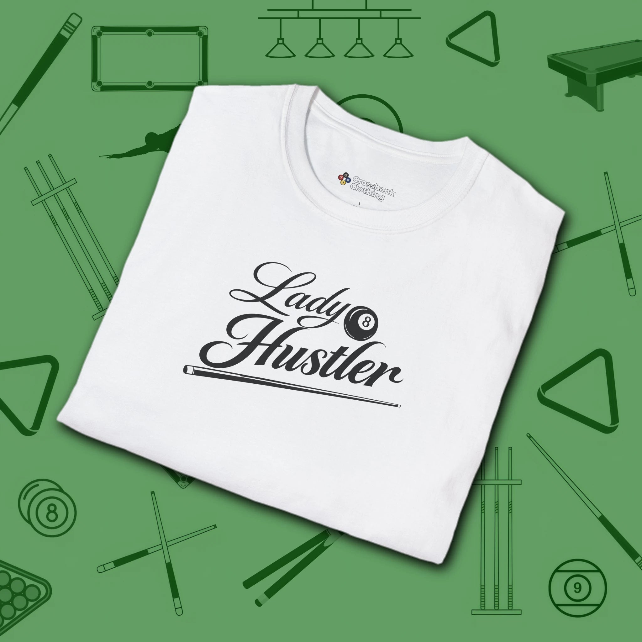 Lady Hustler T-Shirt, in White color, billiards shirt, folded view
