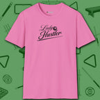 Lady Hustler T-Shirt, in Azalea color, billiards shirt, front view