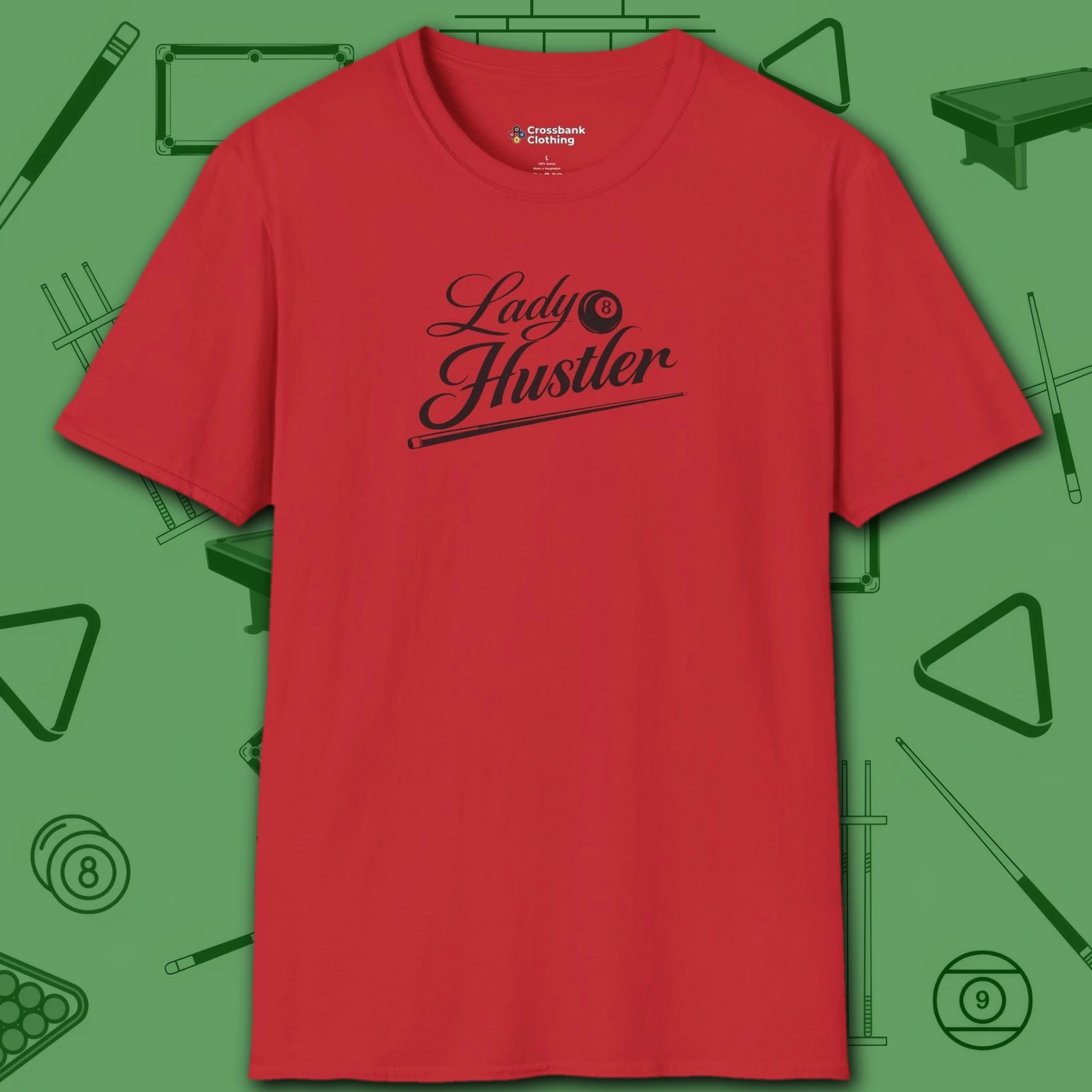 Lady Hustler T-Shirt, in Red color, billiards shirt, front view