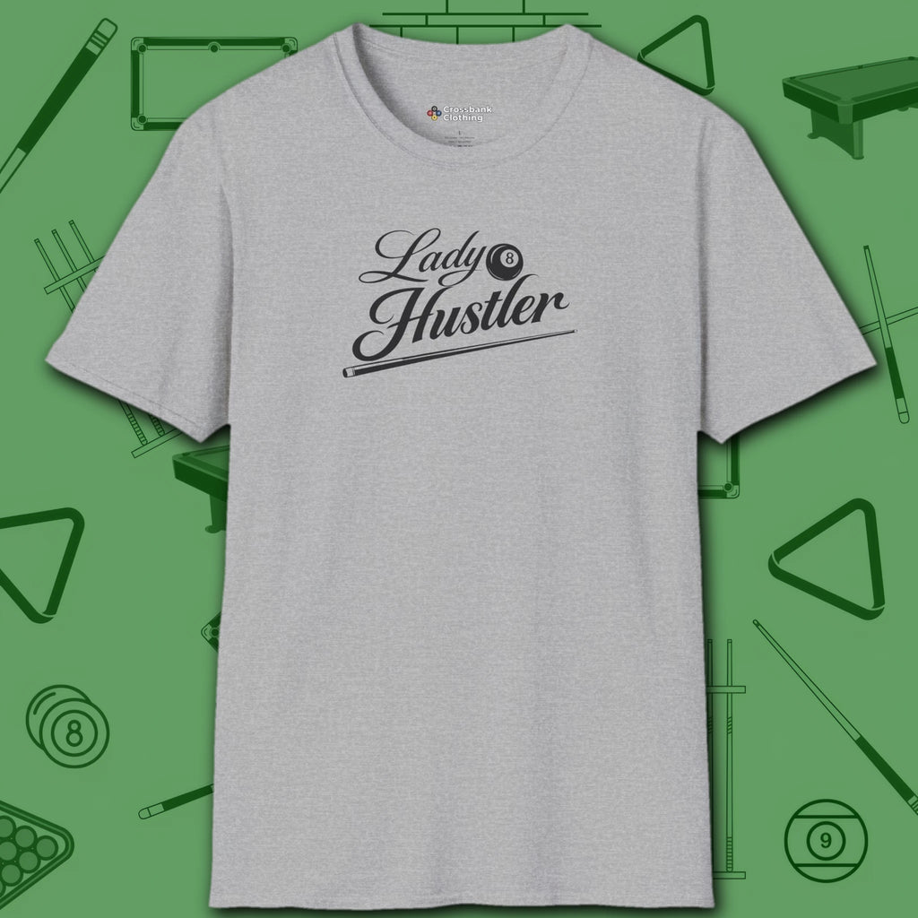 Lady Hustler T-Shirt, in Sport Grey color, billiards shirt, front view