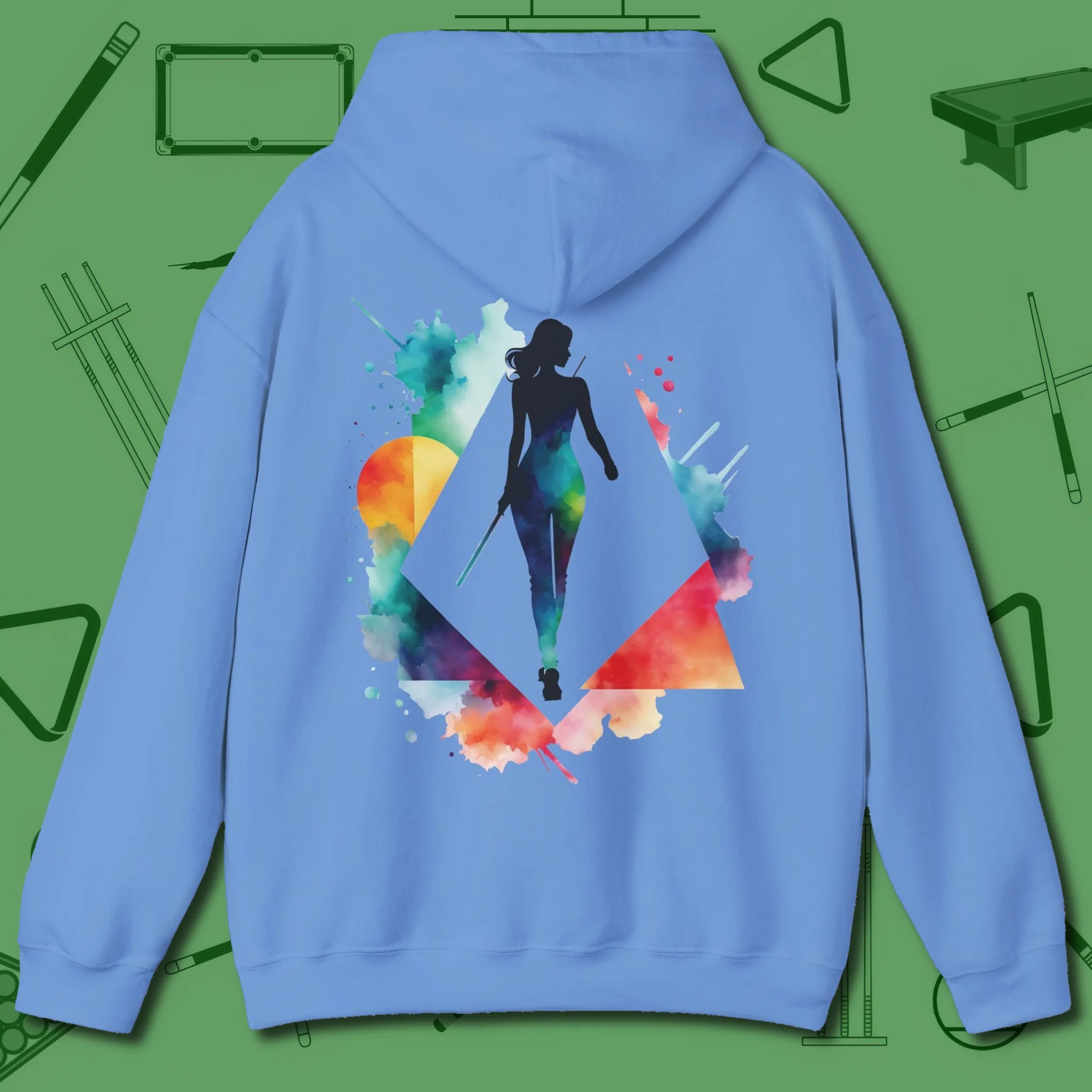 Lady Shooter Majesty Hoodie, back view, in Carolina Blue break-and-run mindset
