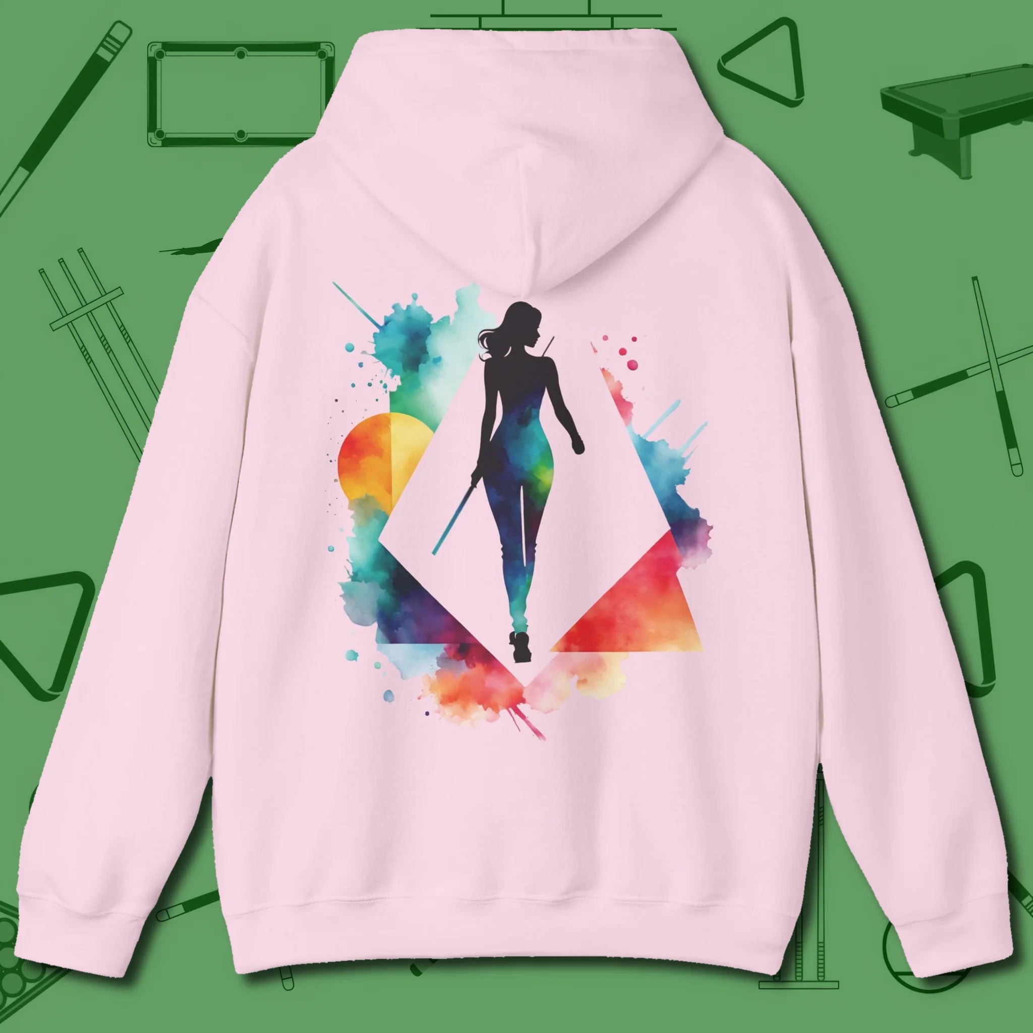 Lady Shooter Majesty Hoodie, back view, in Light Pink smooth cue control focus
