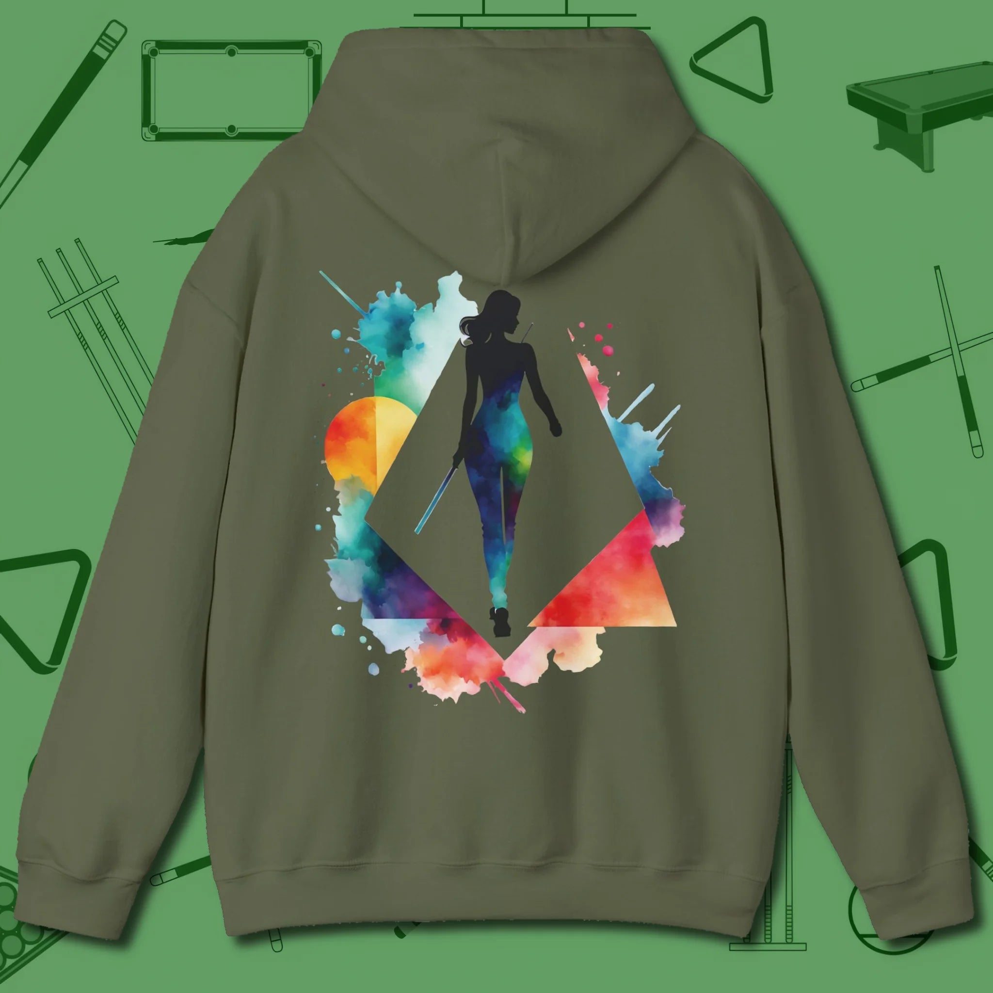 Lady Shooter Majesty Hoodie, back view, in Military Green safety-first precision