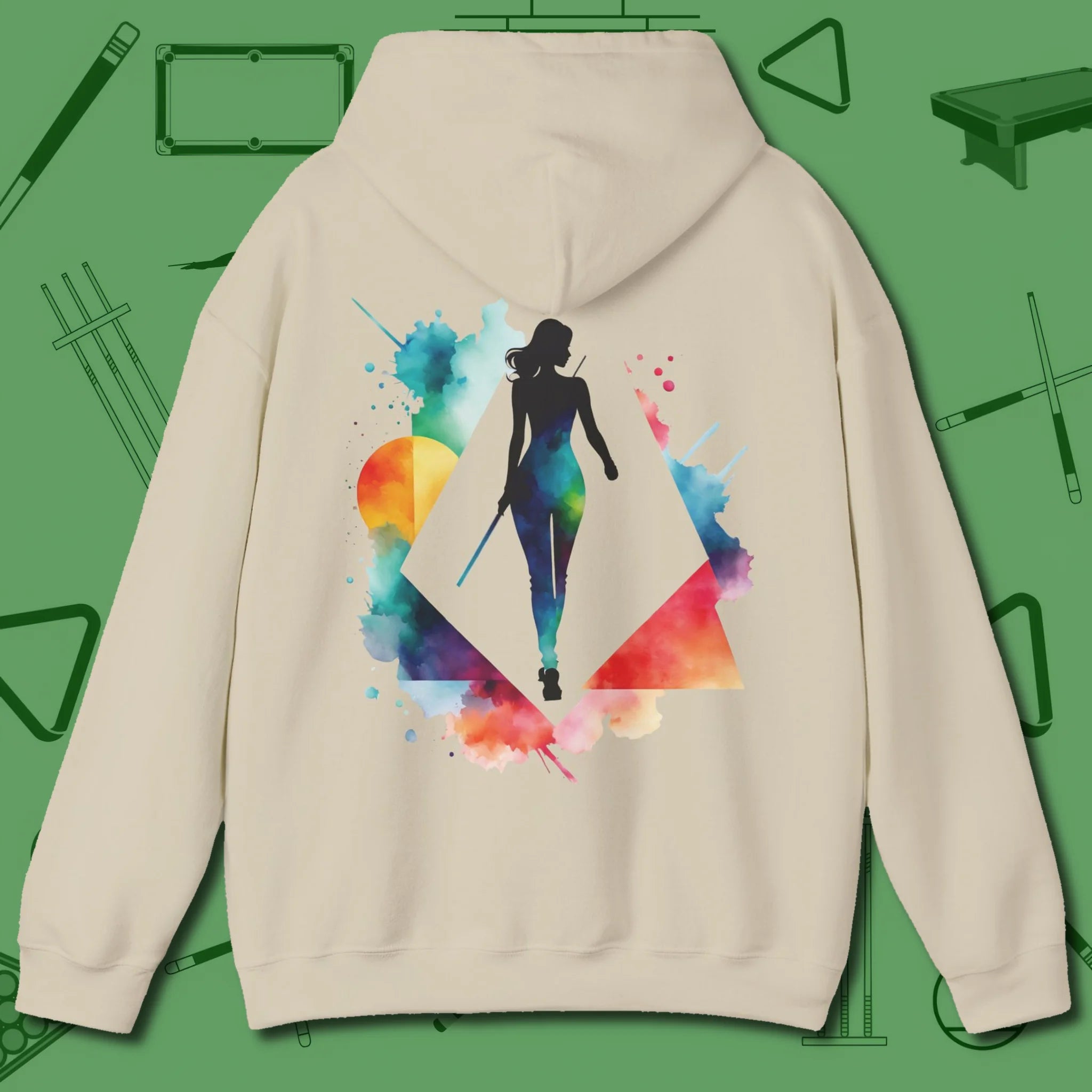 Lady Shooter Majesty Hoodie, back view, in Sand steady stroke for wins