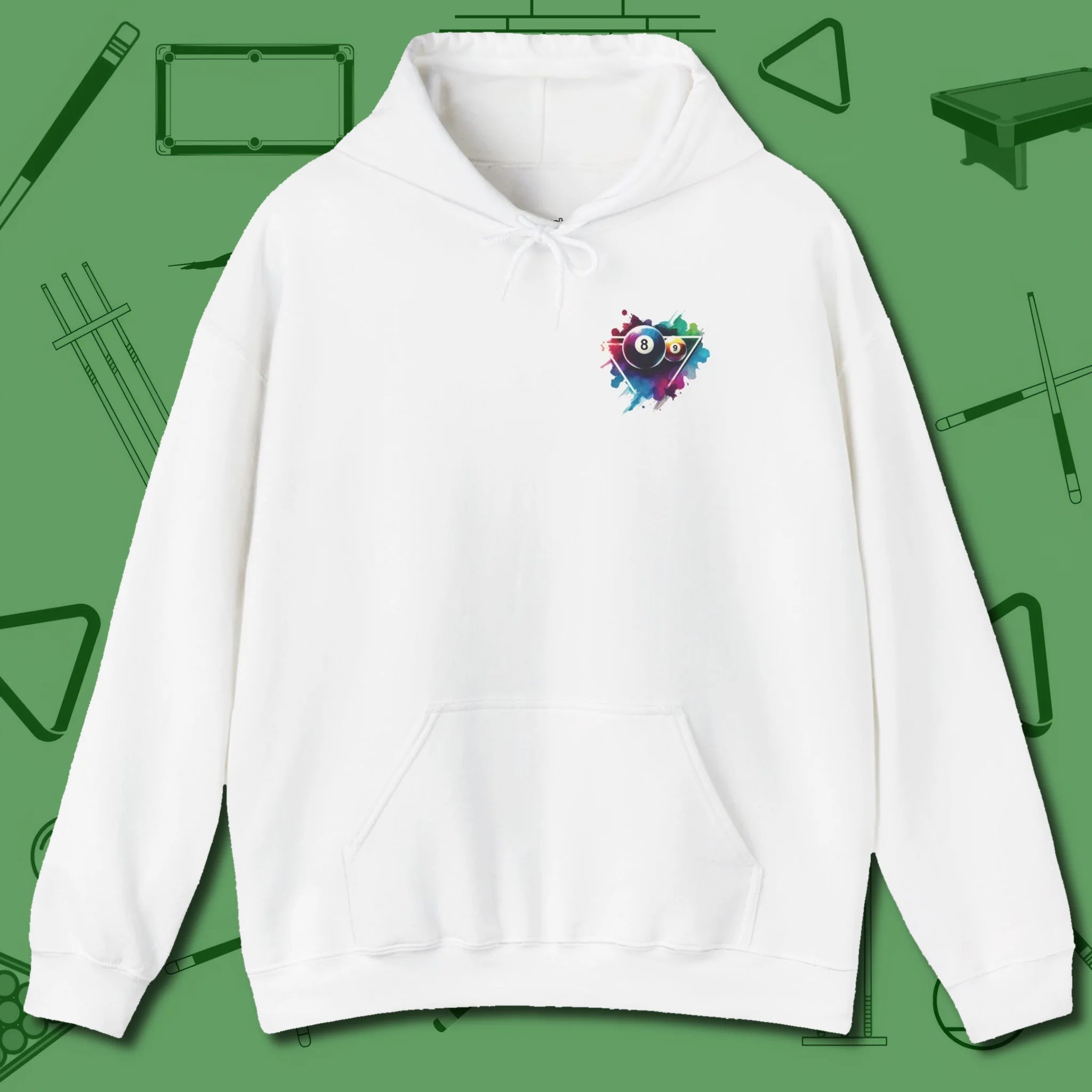 Lady Shooter Majesty Hoodie, front view, in White classic 8-ball poise
