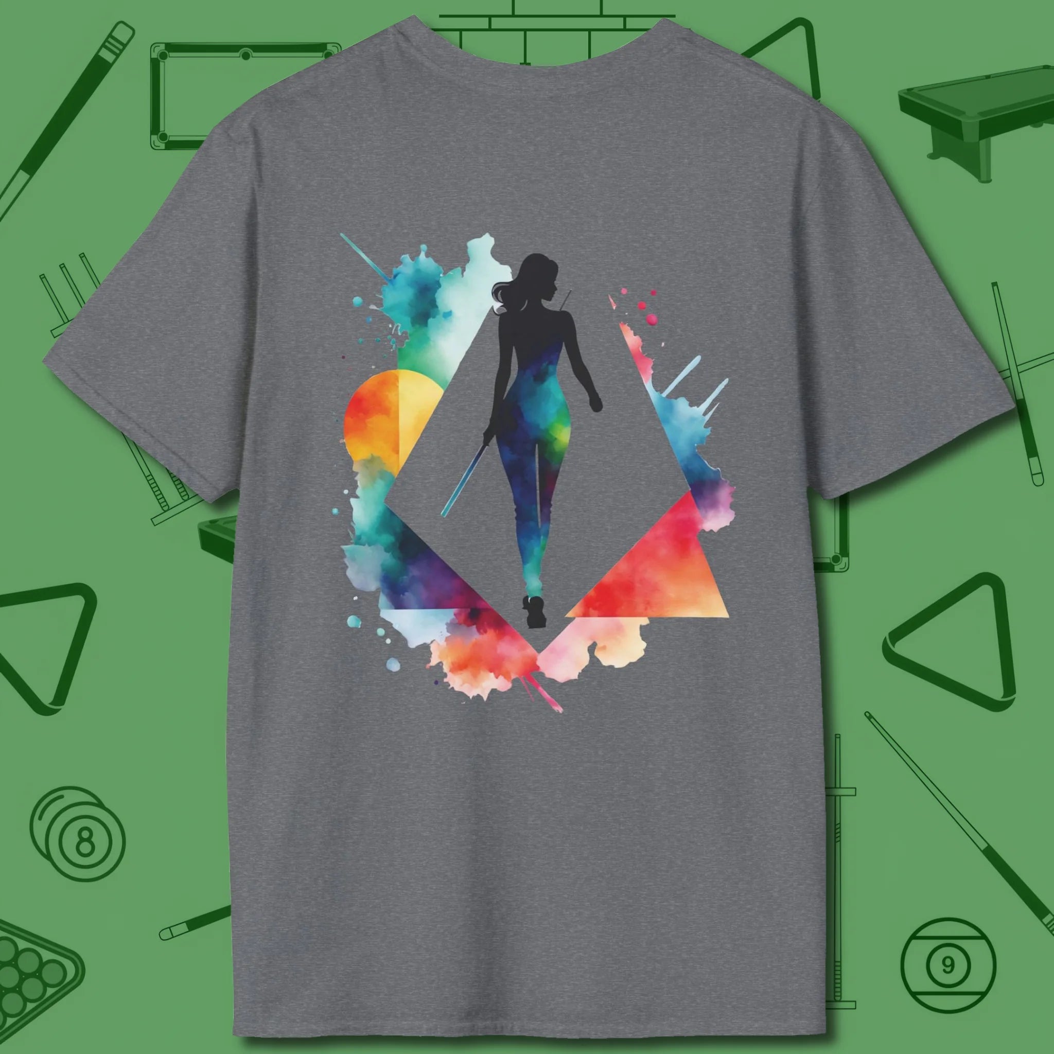 Lady Shooter Majesty T-Shirt, back view, in Graphite Heather bank-shot confidence