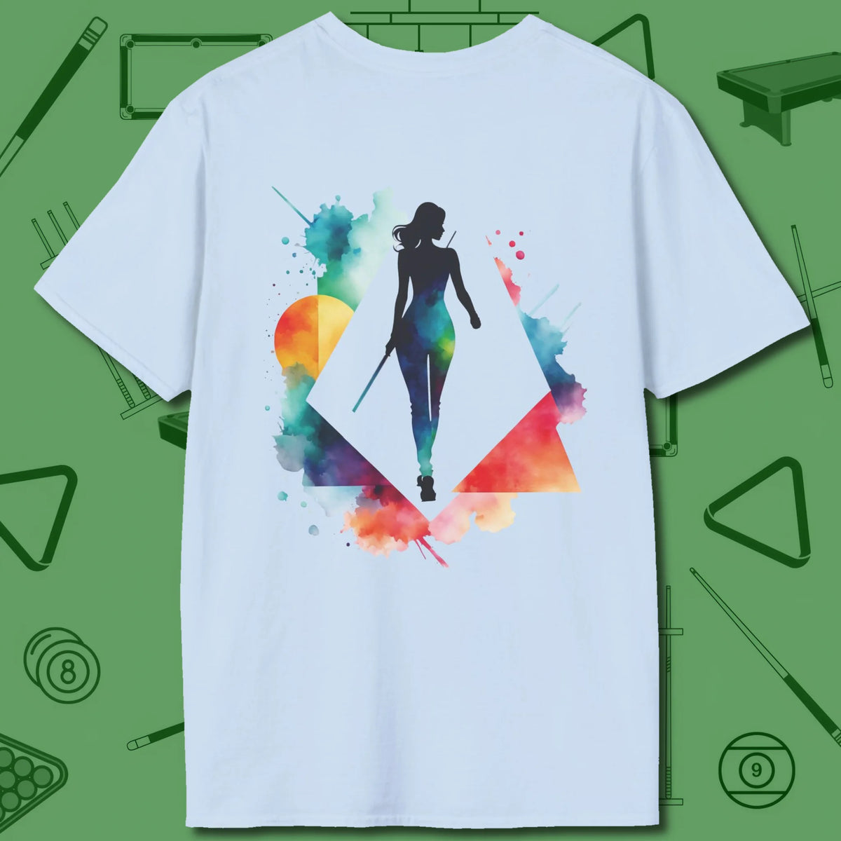 Lady Shooter Majesty T-Shirt, back view, in Light Blue break-and-run mindset