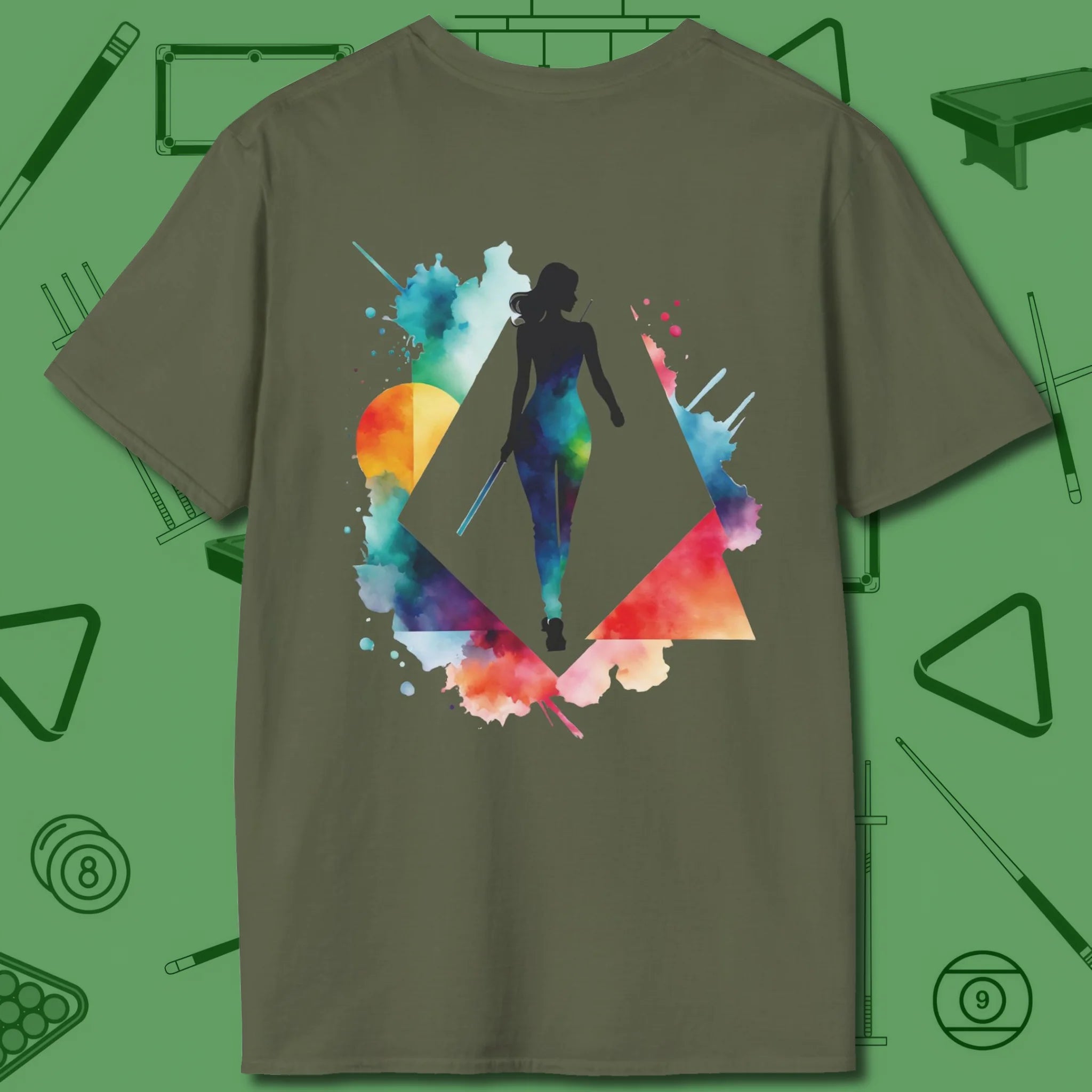 Lady Shooter Majesty T-Shirt, front view, in Military Green tactical pattern play